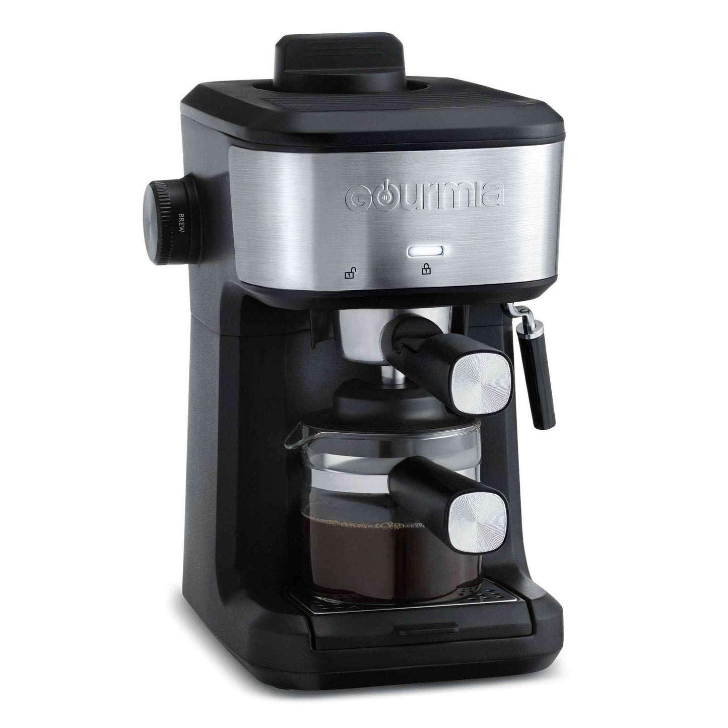 Gourmia 4-Shot Steam Espresso, Cappuccino, and Latte Maker with Frothing Wand, Black, New