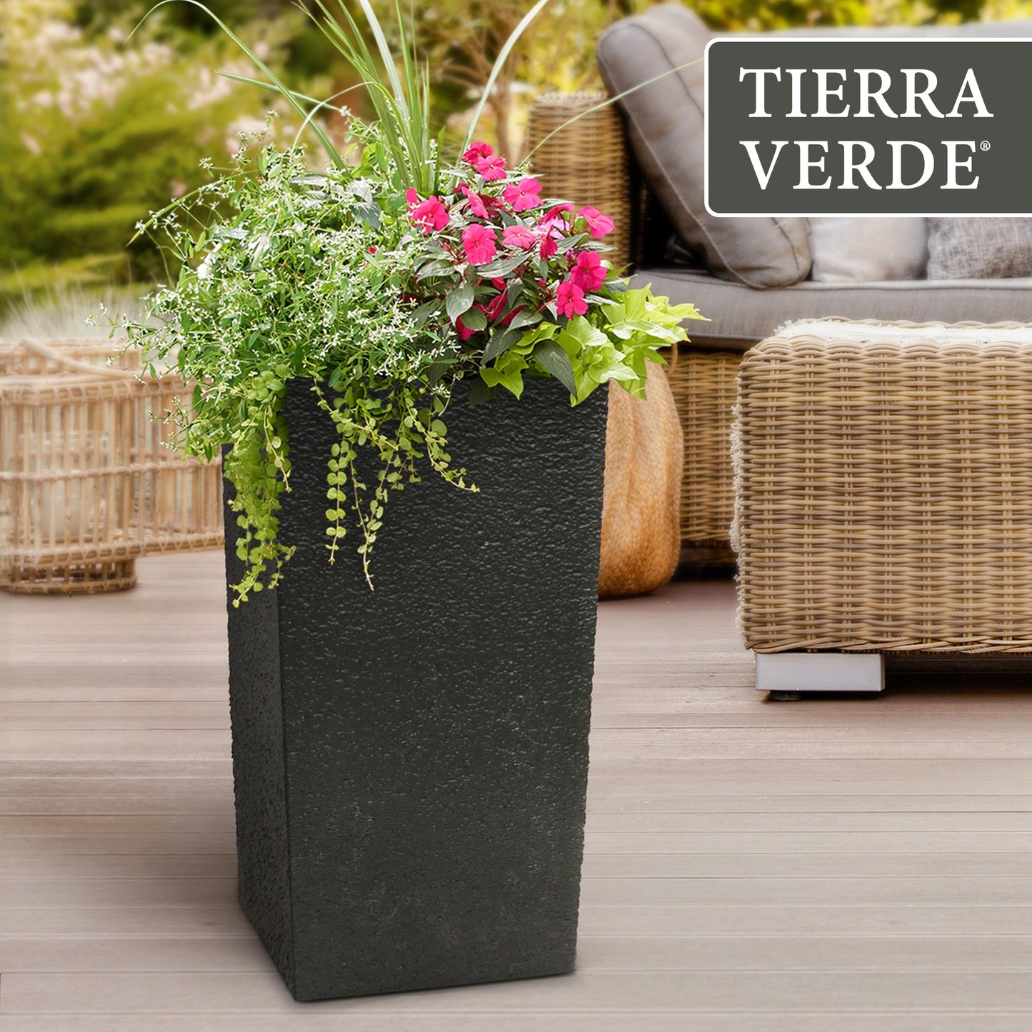 Tierra Verde Citadel Stucco Self Watering Square Planter, 13.5"W x 26"H, Black