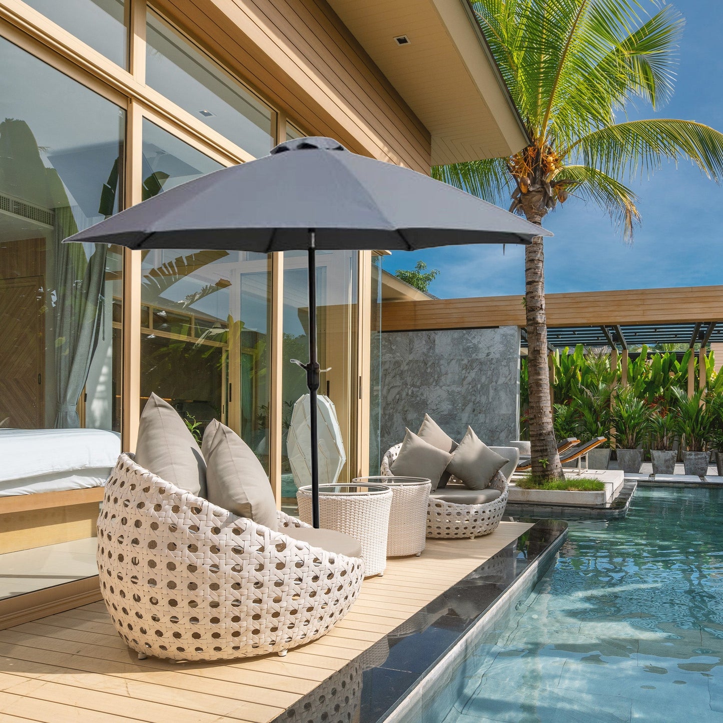 Four Seasons Courtyard 9 Foot Crank Lift Auto Tilt System Patio Umbrella, Gray