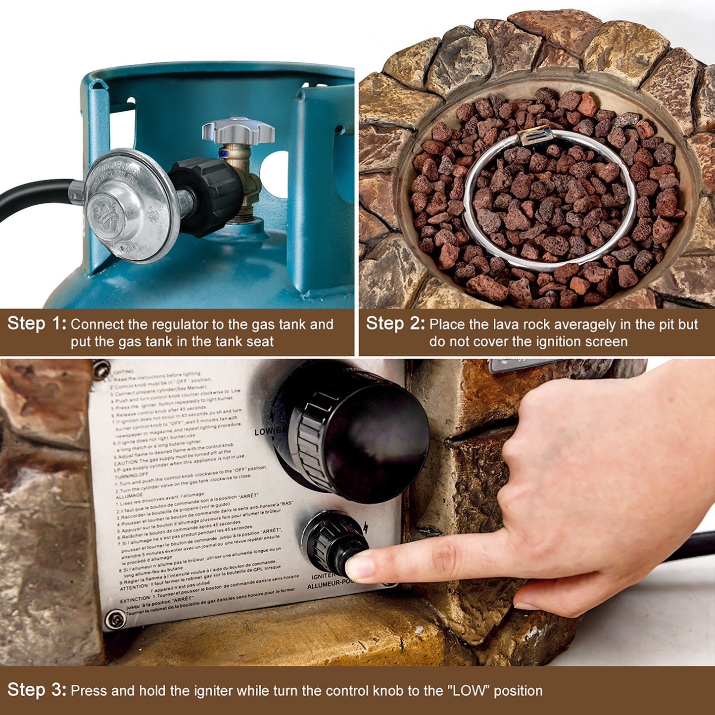 Costway 28'' Propane Gas Fire Pit Outdoor 40,000 BTU Stone Finish Lava Rocks Cover Brown