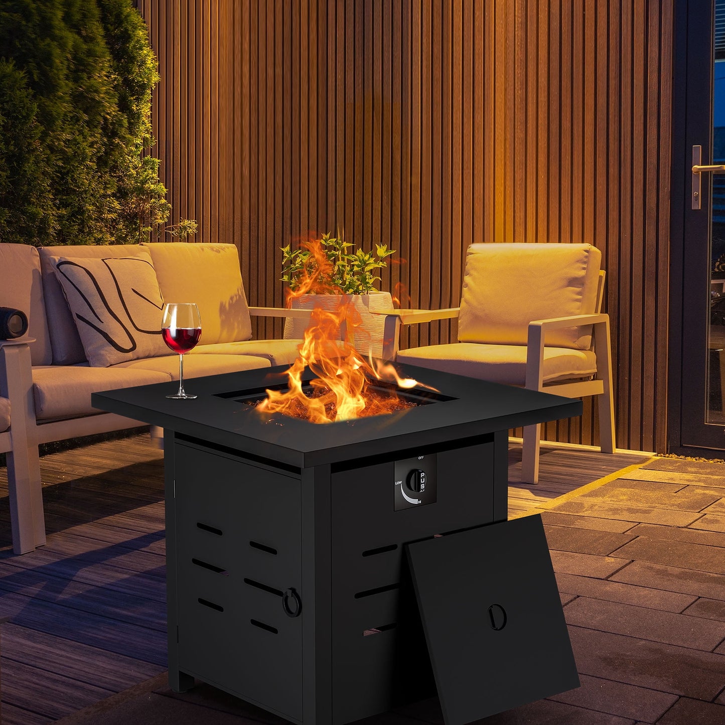 Walsunny 28 Inch Propane Gas Fire Pit Table 40000 BTU with Lid Square Firepit Table Lava Rock Fire Table with Waterproof Cover