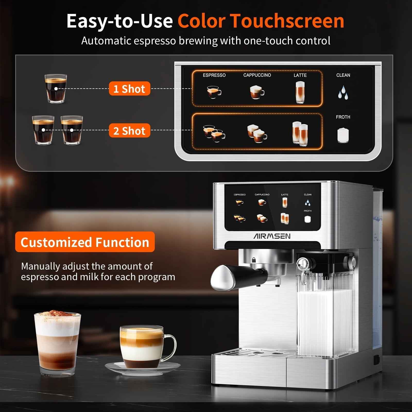 AIRMSEN Espresso Machine with Color Touchscreen, 20 Bar Cappuccino Latte Machines with Automatic Milk Frother, Dual Boiler Stainless Steel Espresso Maker for Home, 1350W