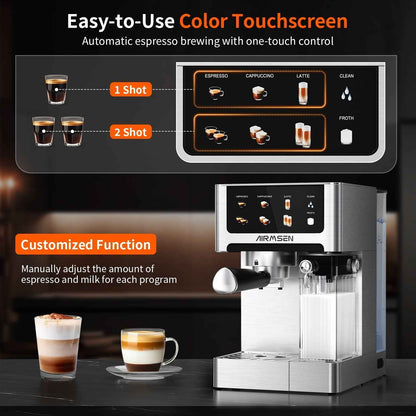 AIRMSEN Espresso Machine with Color Touchscreen, 20 Bar Cappuccino Latte Machines with Automatic Milk Frother, Dual Boiler Stainless Steel Espresso Maker for Home, 1350W