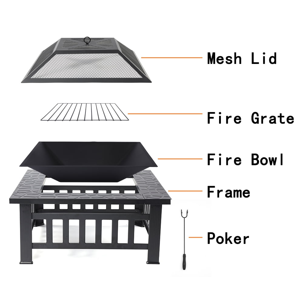 SEGMART Outdoor Fire Pit, 32" Square Metal Fire Pit Table with Spark Screen & Log Poker, Stove Wood Burning Fire Pit Bowl, Ideal for Yard Patio Beach Picnic Bonfire