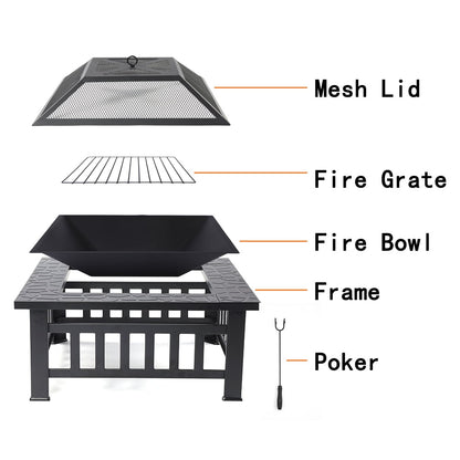 SEGMART Outdoor Fire Pit, 32" Square Metal Fire Pit Table with Spark Screen & Log Poker, Stove Wood Burning Fire Pit Bowl, Ideal for Yard Patio Beach Picnic Bonfire