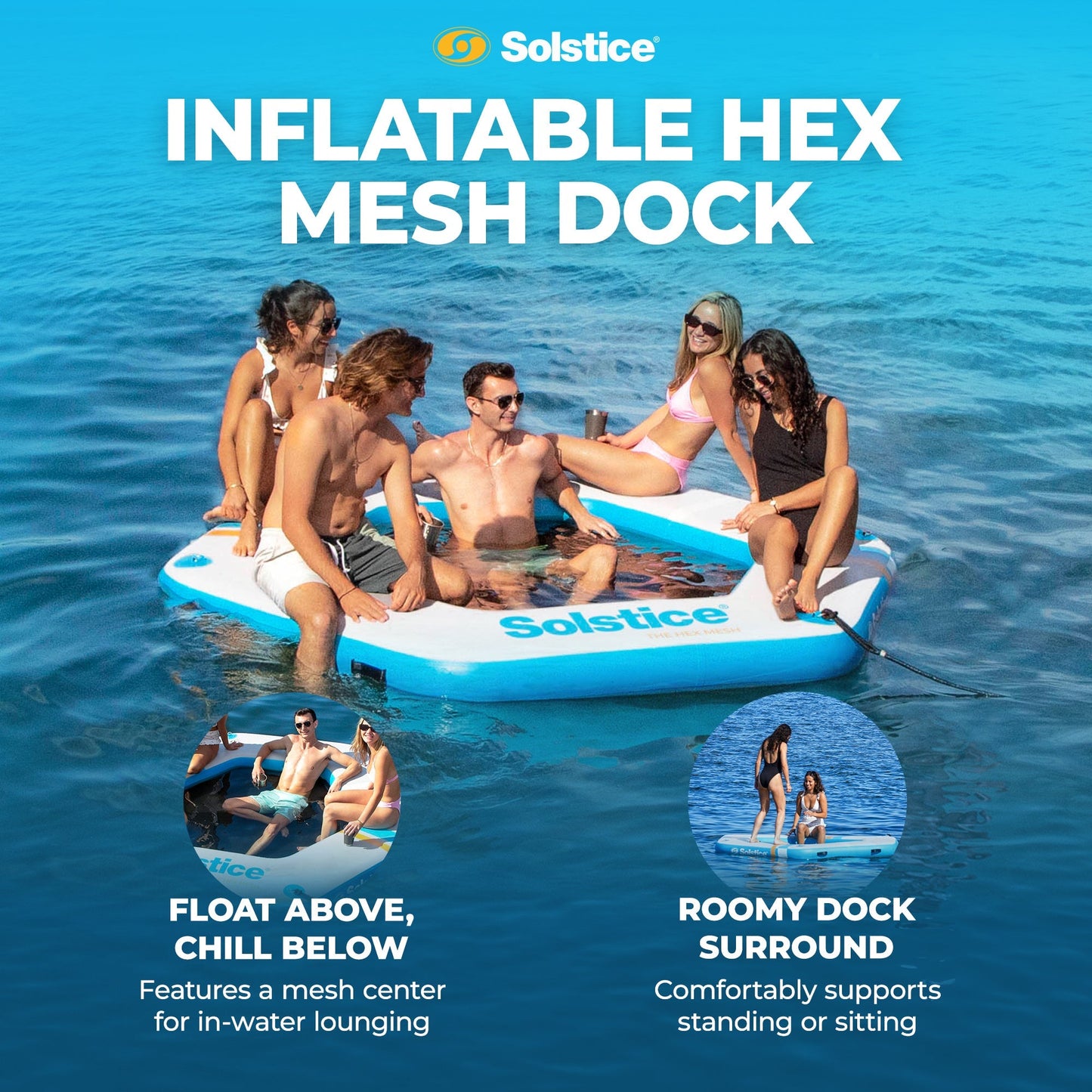 SOLSTICE Hexagon Inflatable Mesh Dock Platform for Lake Boat Pool Ocean, 8'x6"