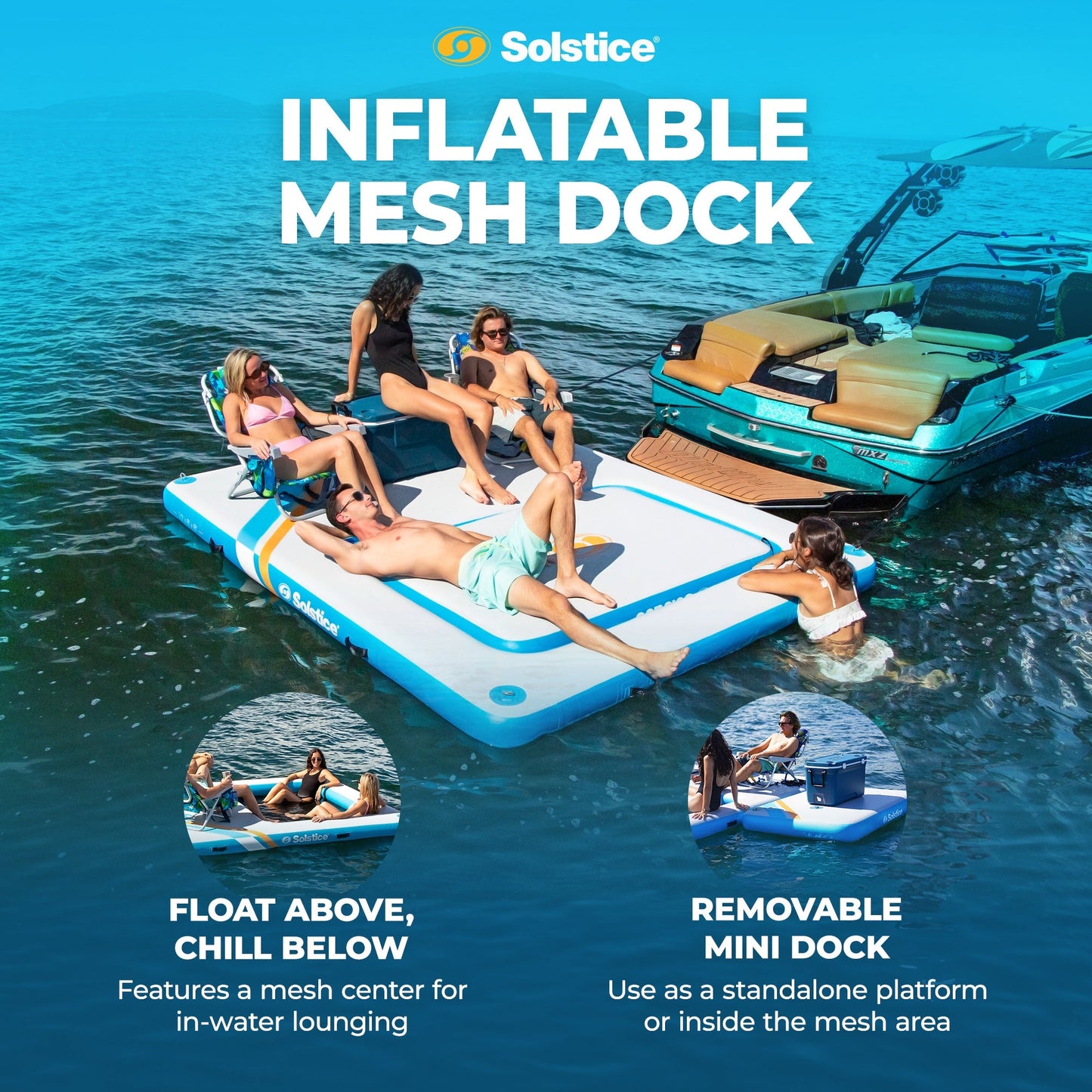 SOLSTICE Original Inflatable Mesh Dock Platform for Lake Boat Pool Ocean, 10'x8'