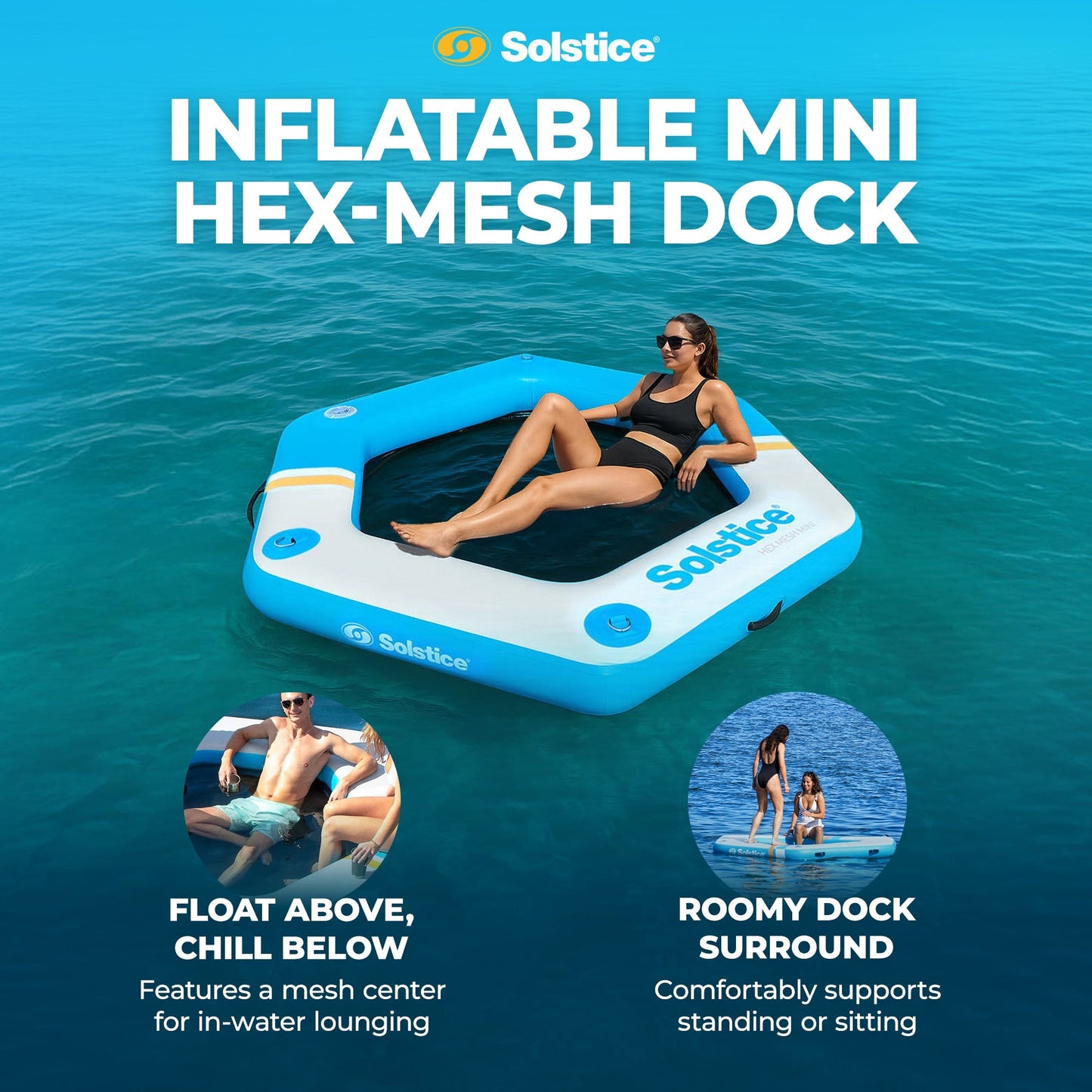 SOLSTICE ORIGINAL Inflatable Dock Float 6 Foot Water Mat with Mesh Swim Lounge