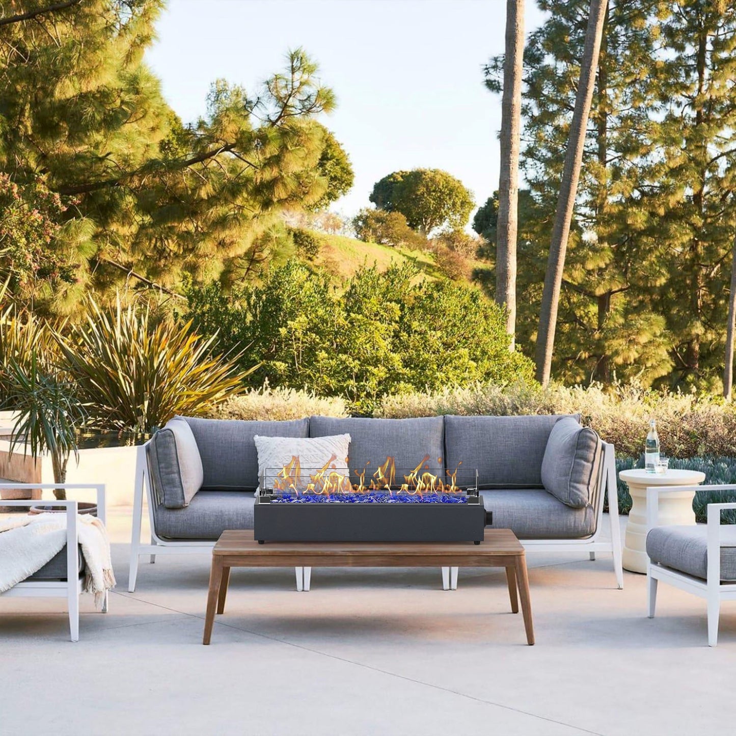 28-inch Table Top Gas Fire Pit, 40,000 BTU Tabletop Propane Fire Pit Portable Fireplace for Patio, Outdoor w/Wind Glass Shield, Glass Rocks, Carbon Gray