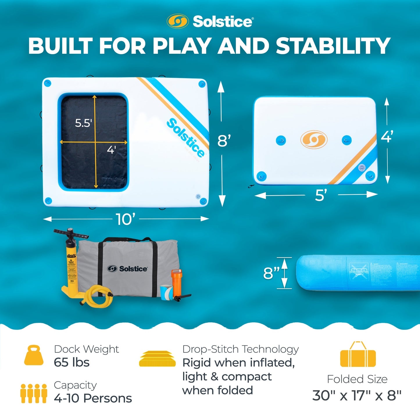 SOLSTICE Original Inflatable Mesh Dock Platform for Lake Boat Pool Ocean, 10'x8'
