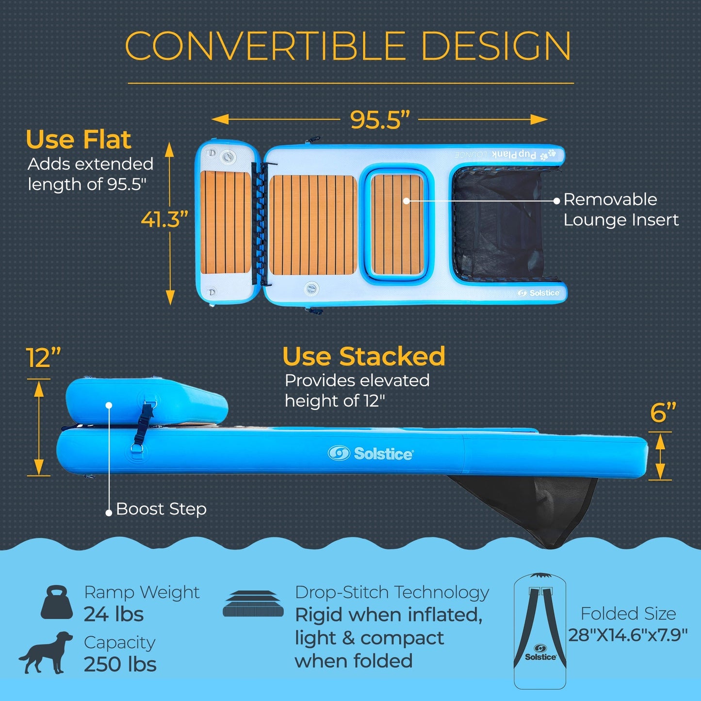 Solstice Inflatable Pup Plank Lounge Floating Ramp Dog Raft for 250+ lb Pets