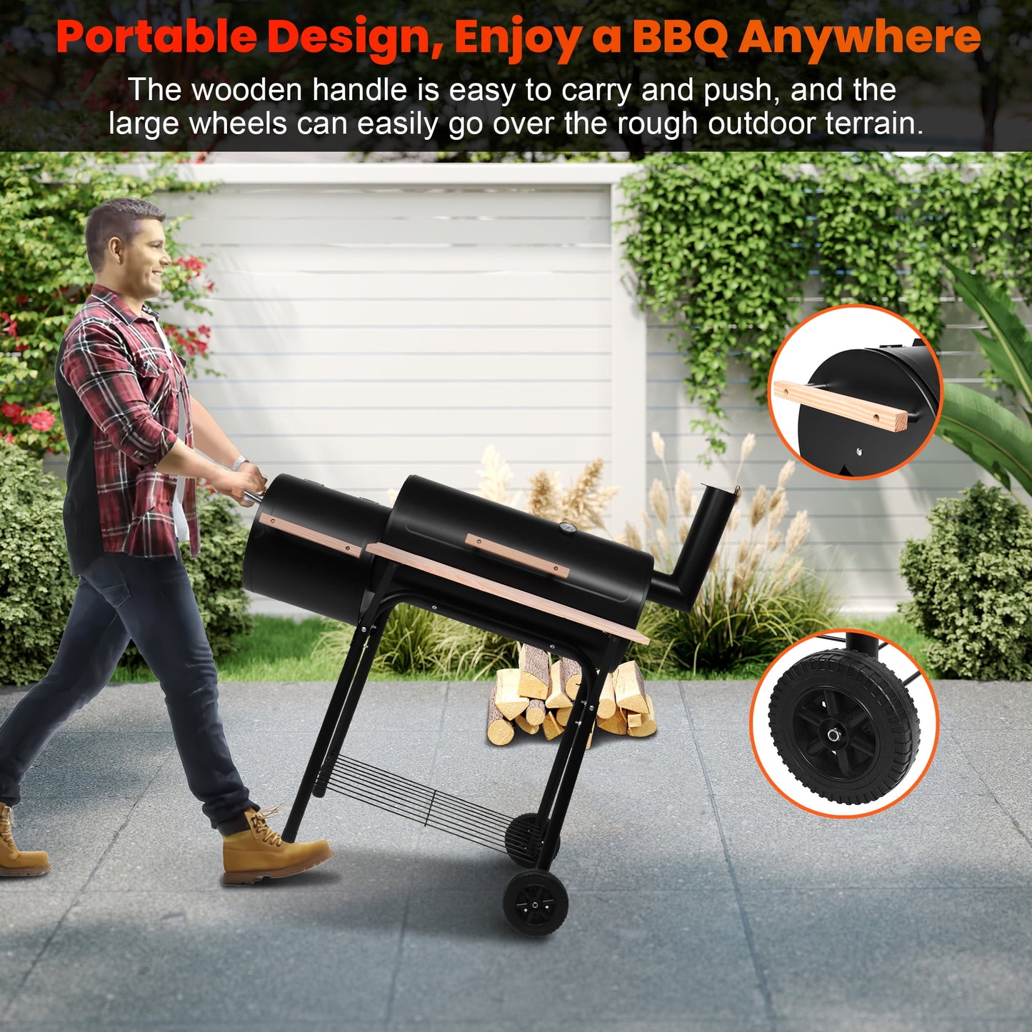 Seizeen Charcoal Grill w/Smoker, Outdoor BBQ Grill with Side Table, Portable Offset Smoker W/2-Zone Area