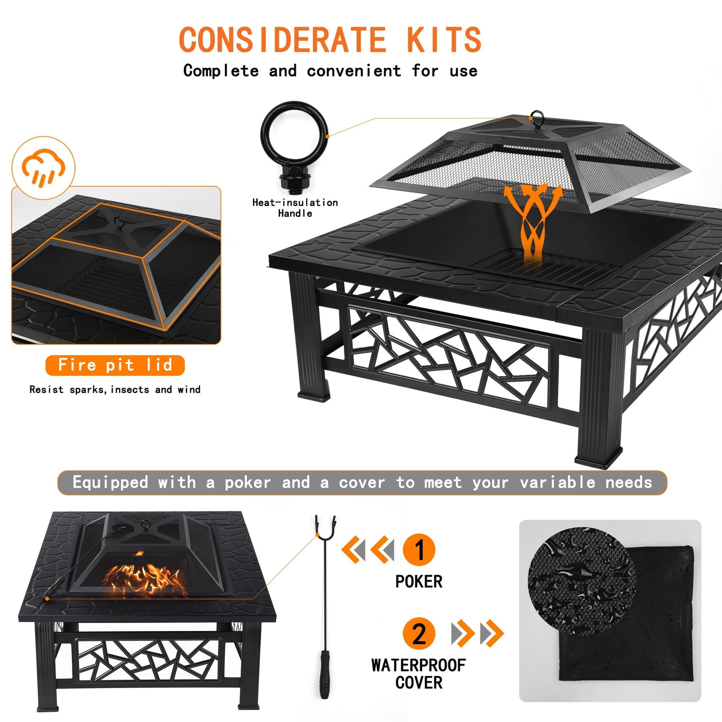UHOMEPRO Fire Pit for Outside, 32" Square Fire Pit Table with BBQ Net, Mesh Lid, Poker and Cover, Wood Burning Outdoor Heating Fire Pit Stove for Patio, Backyard, Camping, Black