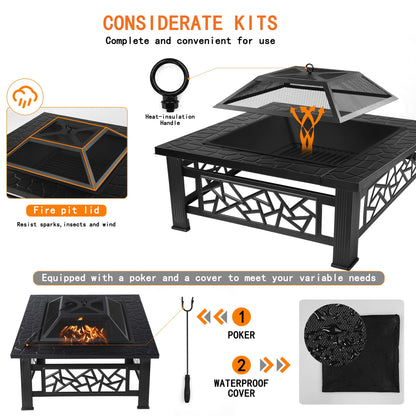 UHOMEPRO Fire Pit for Outside, 32" Square Fire Pit Table with BBQ Net, Mesh Lid, Poker and Cover, Wood Burning Outdoor Heating Fire Pit Stove for Patio, Backyard, Camping, Black