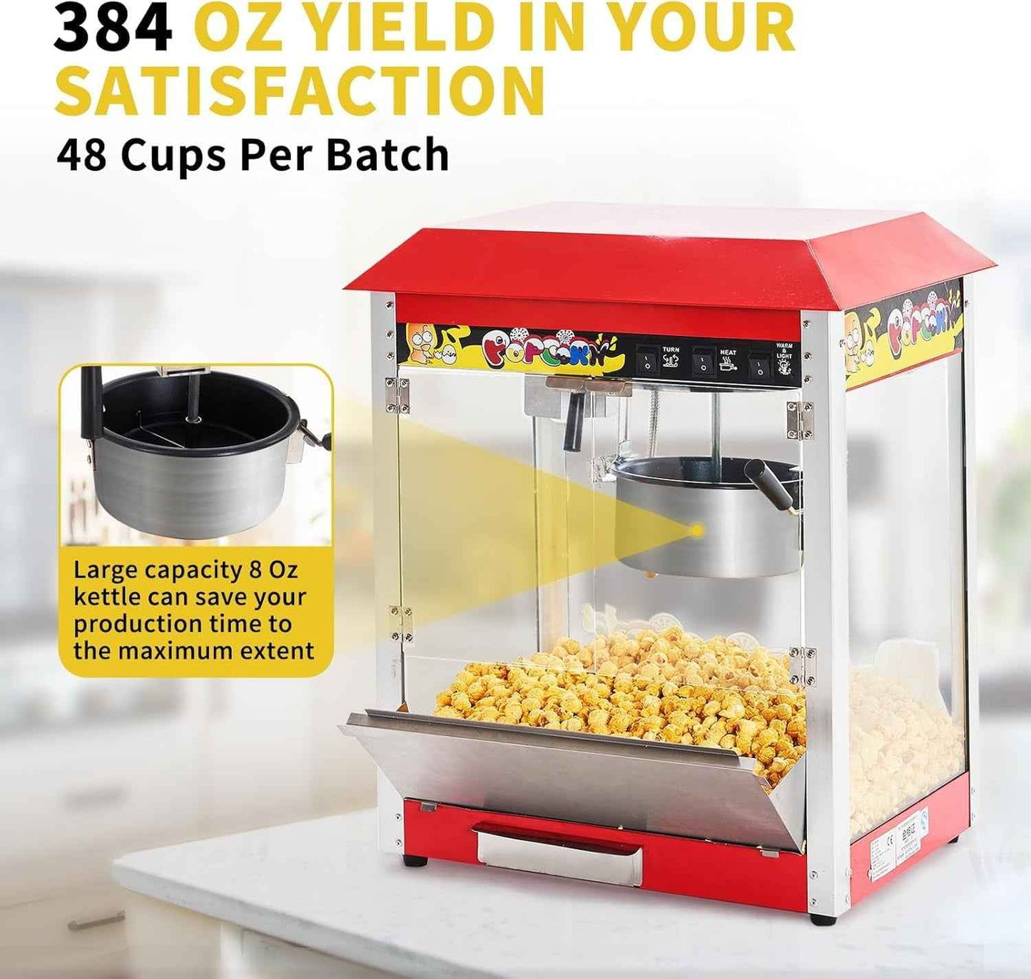 Akaber Commercial Popcorn Machine, 10 Oz Kettle, 1300W Countertop Popcorn Maker for 60 Cups per Batch, Movie Theater Popcorn Popper with 3-Switch Control, 2 Scoops 1 Cup