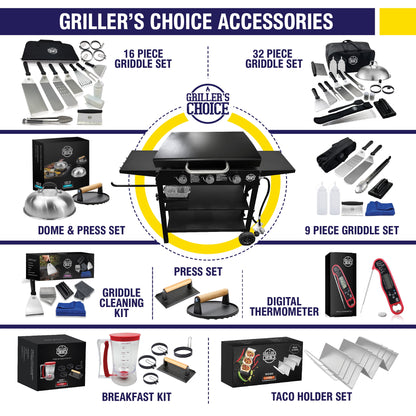 Griller's Choice Propane Gas Griddle with Hinged Hood, Wind Guards, Front Grease Management, 4 Shelves