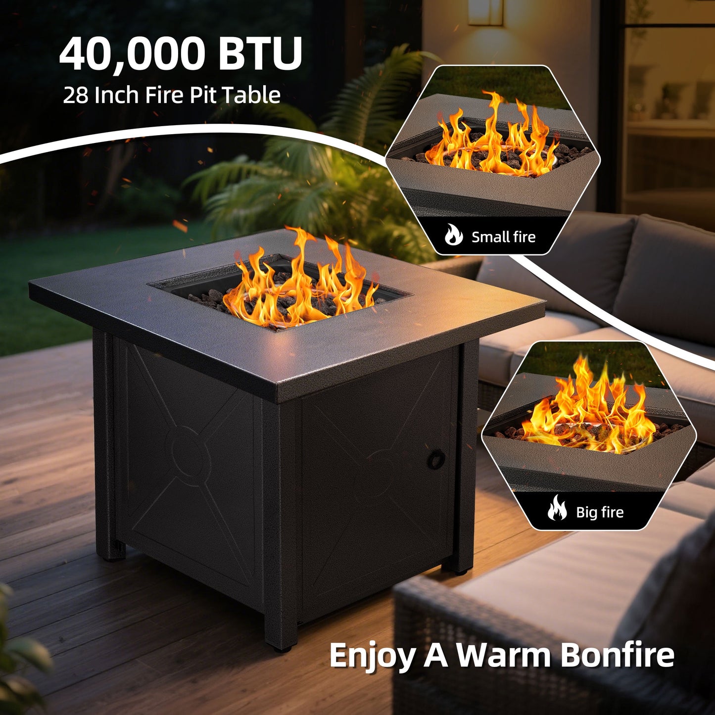LHRIVER 28" Outdoor Propane Fire Pit Table, 40000 BTU  Steel Gas Fire Pit with Removable Lid, Lava Rocks & Rain Cover