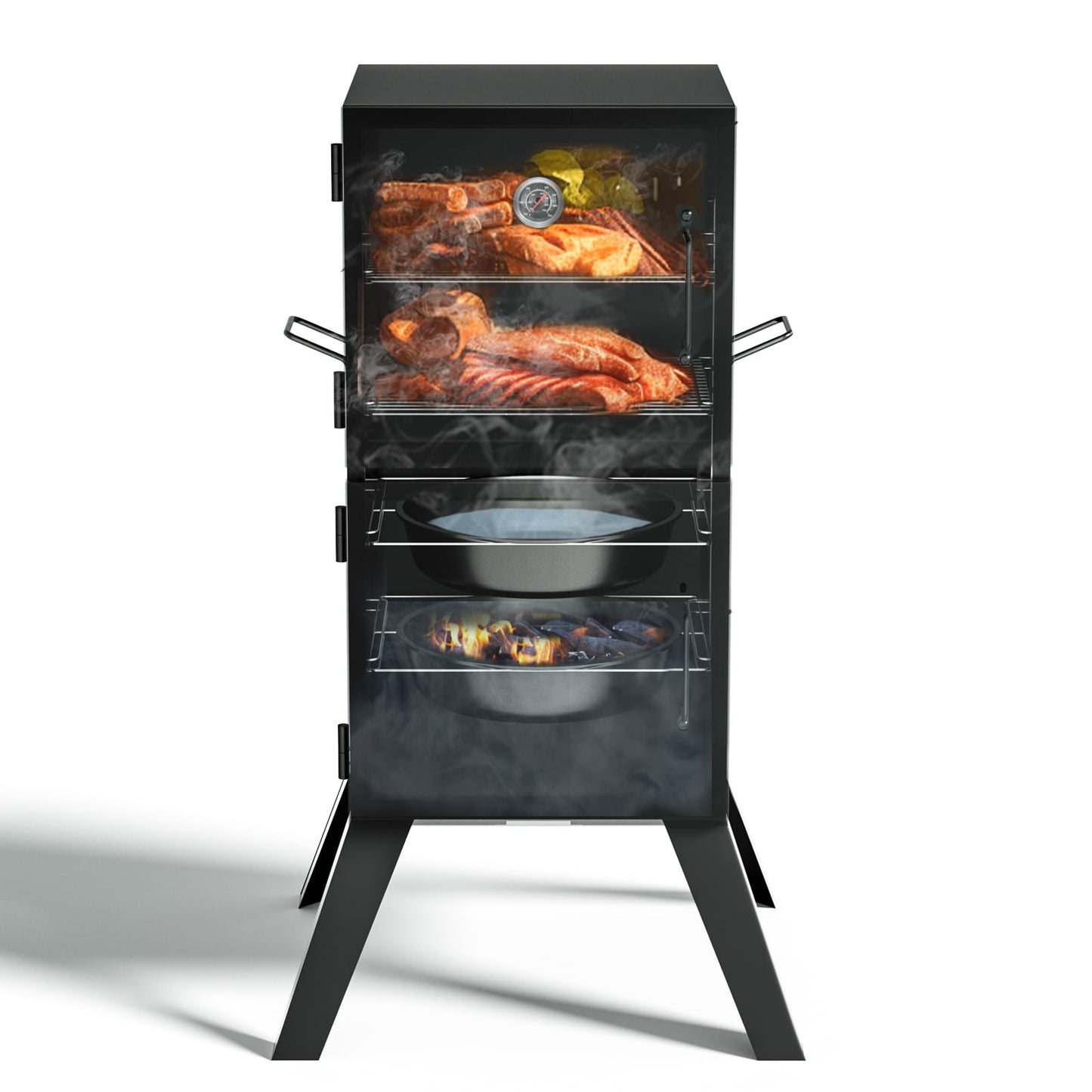 Kingchii Vertical Charcoal Smoker BBQ Grill with Built-in Thermometer, Portable Smoker for Backyard, Camping, Barbecue, and Outdoor Grilling