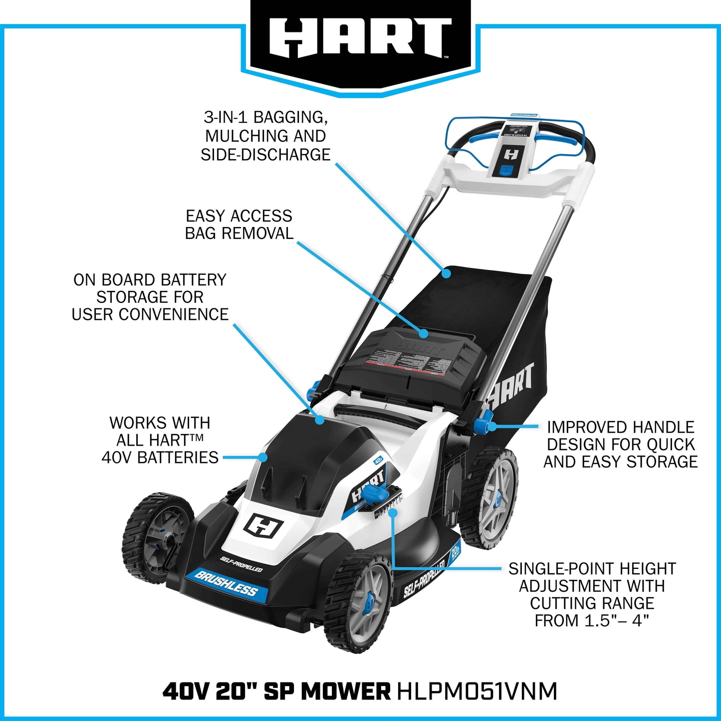 HART 40-Volt Cordless 20-inch Brushless Self Propelled Mower Kit, (1) 6.0 Ah Lithium-Ion Battery