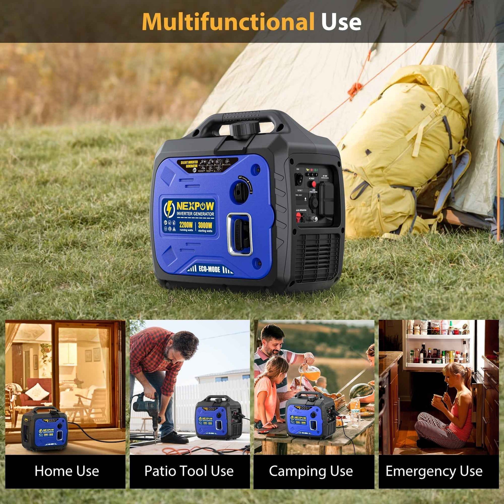 NEXPOW 3000W Portable Inverter Generator, Gasoline Power Lightweight for Backup Home & Camping, Eco-Mode Feature, Parallel Capability, Overload Protection