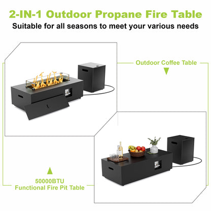 Evita 42" Propane Fire Pit Table for Outdoor 50,000 BTU Gas Fire Pits with Lid ,Glass stone,Tank Cover