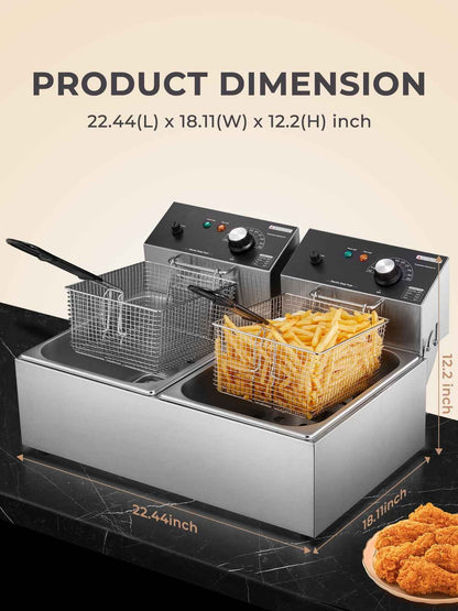 Commercial Deep Fryer with Basket, 3400W 12.7QT/12L, Detachable Large Capacity Stainless Steel Countertop Electric Oil Fryer with Temperature Control for Restaurant or Home Use