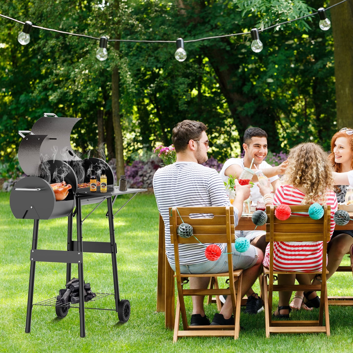 Firstness Charcoal Grill, Outdoor BBQ Grill Charcoal with Offset Smoker for Barbecue Pit Patio Backyard Camping Picnics, Black & Brown