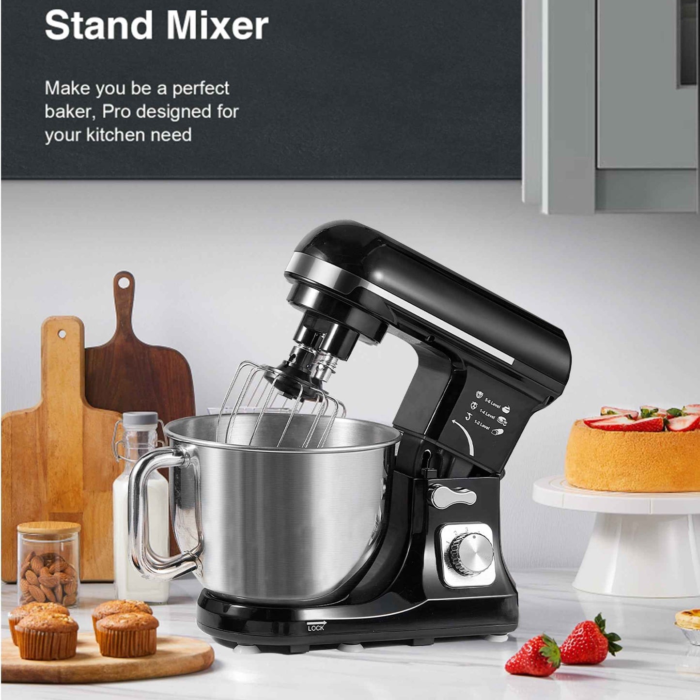 AICOK 5.5 Quart Tilt-Head Stand Mixer with Double Dough Hook Black