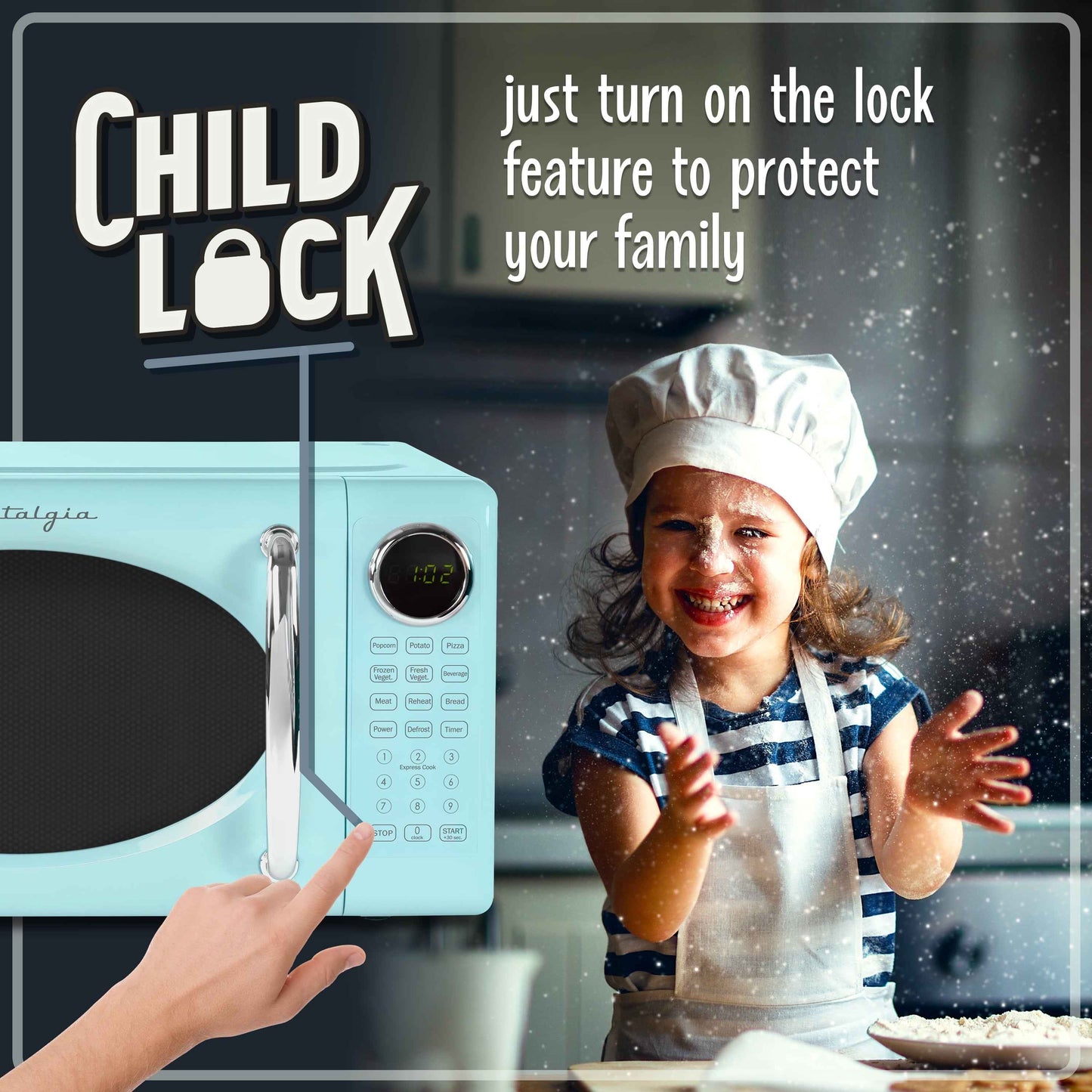 Nostalgia Retro Microwave Oven - 0.7 Cu Ft & 700-Watt Countertop Microwave with Glass Turntable, Child Safety Lock, 8 Auto-Cook Programs & Digital Clock - Aqua