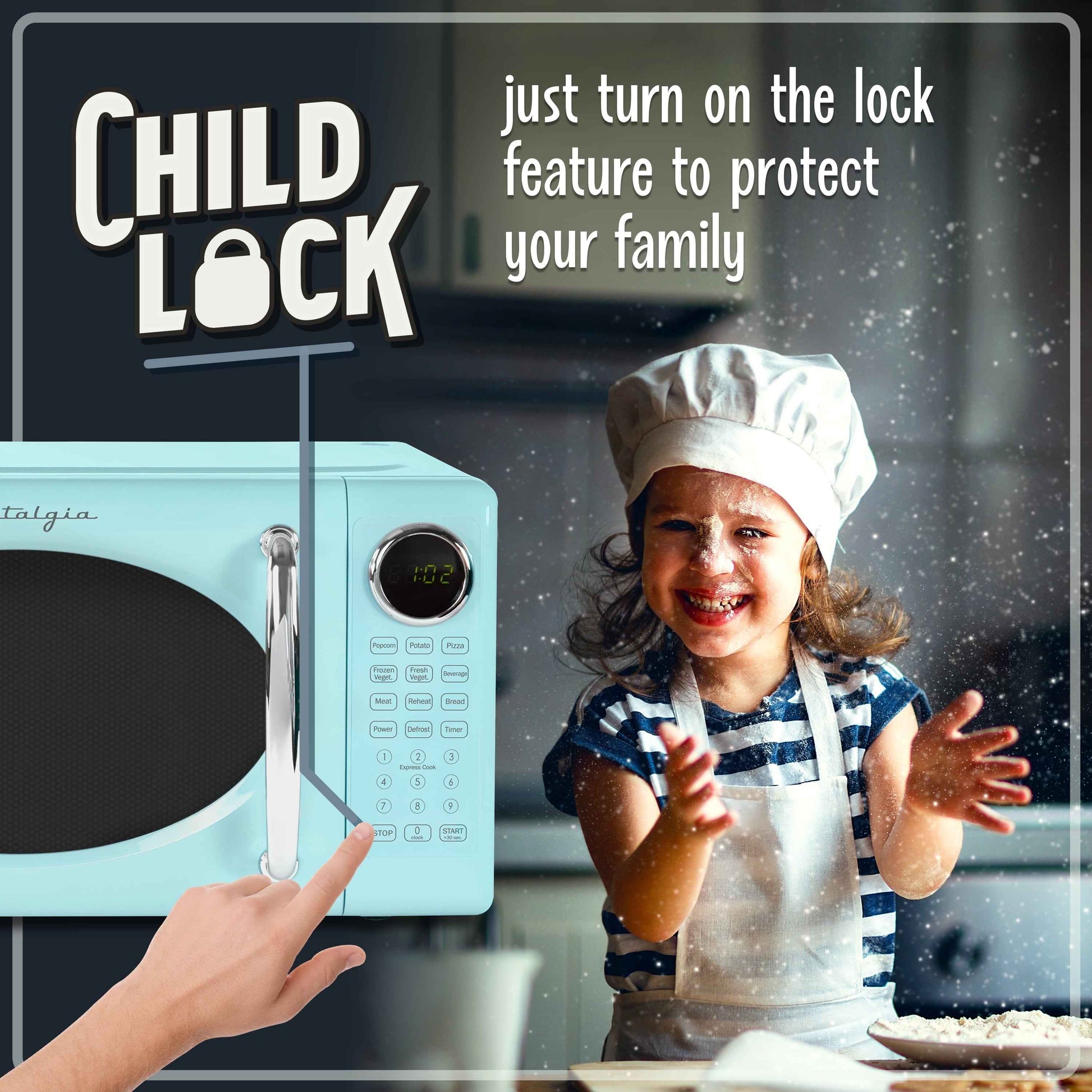 Nostalgia Retro Microwave Oven - 0.7 Cu Ft & 700-Watt Countertop Microwave with Glass Turntable, Child Safety Lock, 8 Auto-Cook Programs & Digital Clock - Aqua