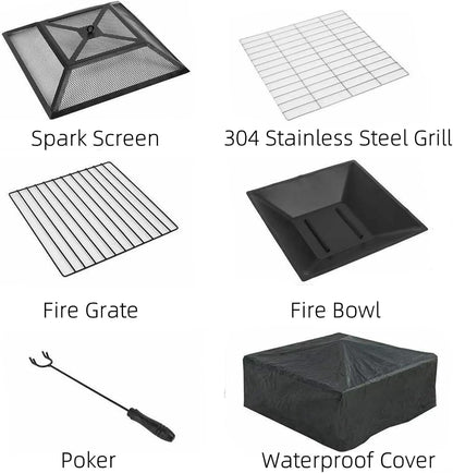 LAZY BUDDY Steel Fire Pits for Outside, 32'' Square Wood Burning Firepit Table with Mesh Lid, BBQ Net, Poker, and Cover for Outdoor Patio Backyard Bonfire Party