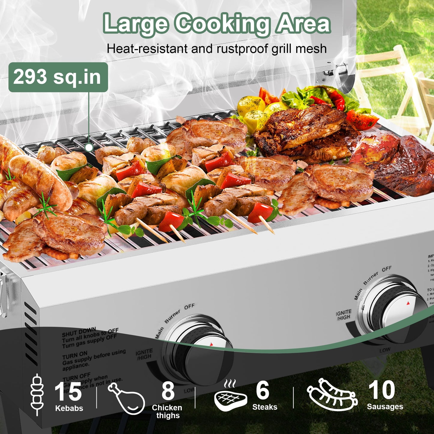 Firstness Propane Gas Grills, 30,000BTU Portable Gas Grill for Outdoor Camping BBQ Picnics Tailgating, 2 Burners, Stainless Steel Sliver