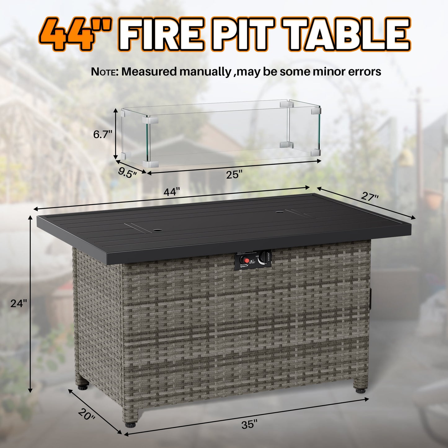 44 Inch Outdoor Wicker Fire Pit Table, 50000 BTU Propane Fire Pits with Glass Wind Guard and Lid, Patio Gas Fire Pit for Outside Patio and Garden(Grey)