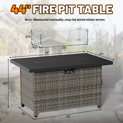 44 Inch Outdoor Wicker Fire Pit Table, 50000 BTU Propane Fire Pits with Glass Wind Guard and Lid, Patio Gas Fire Pit for Outside Patio and Garden(Grey)