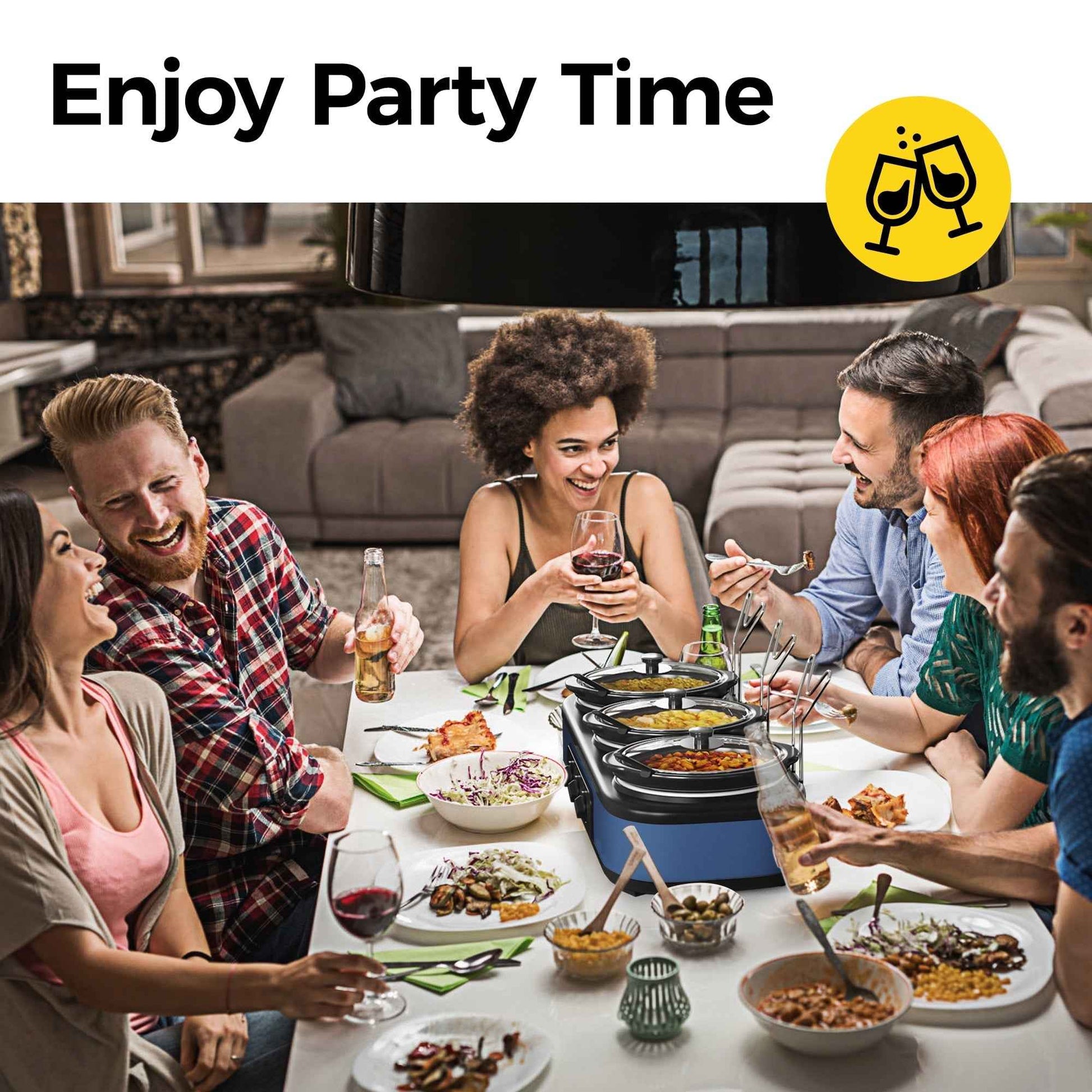 Sunvivi Triple Slow Cooker Food Warmer, 3 Removable Ceramic Pots (2.5 QT Each), Adjustable Temp & Stainless Steel Lids, Blue