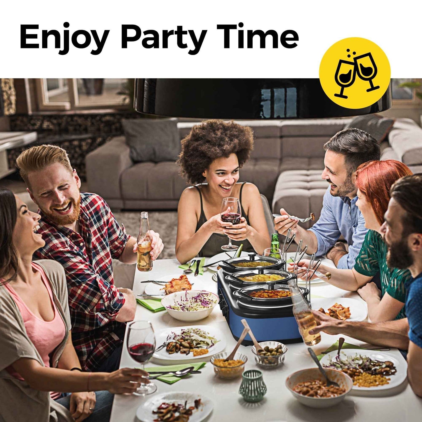 May in Color Triple Slow Cooker Food Warmer, 3 Removable Ceramic Pots (2.5 QT Each), Adjustable Temp & Stainless Steel Lids, Blue