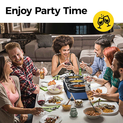 May in Color Triple Slow Cooker Food Warmer, 3 Removable Ceramic Pots (2.5 QT Each), Adjustable Temp & Stainless Steel Lids, Blue