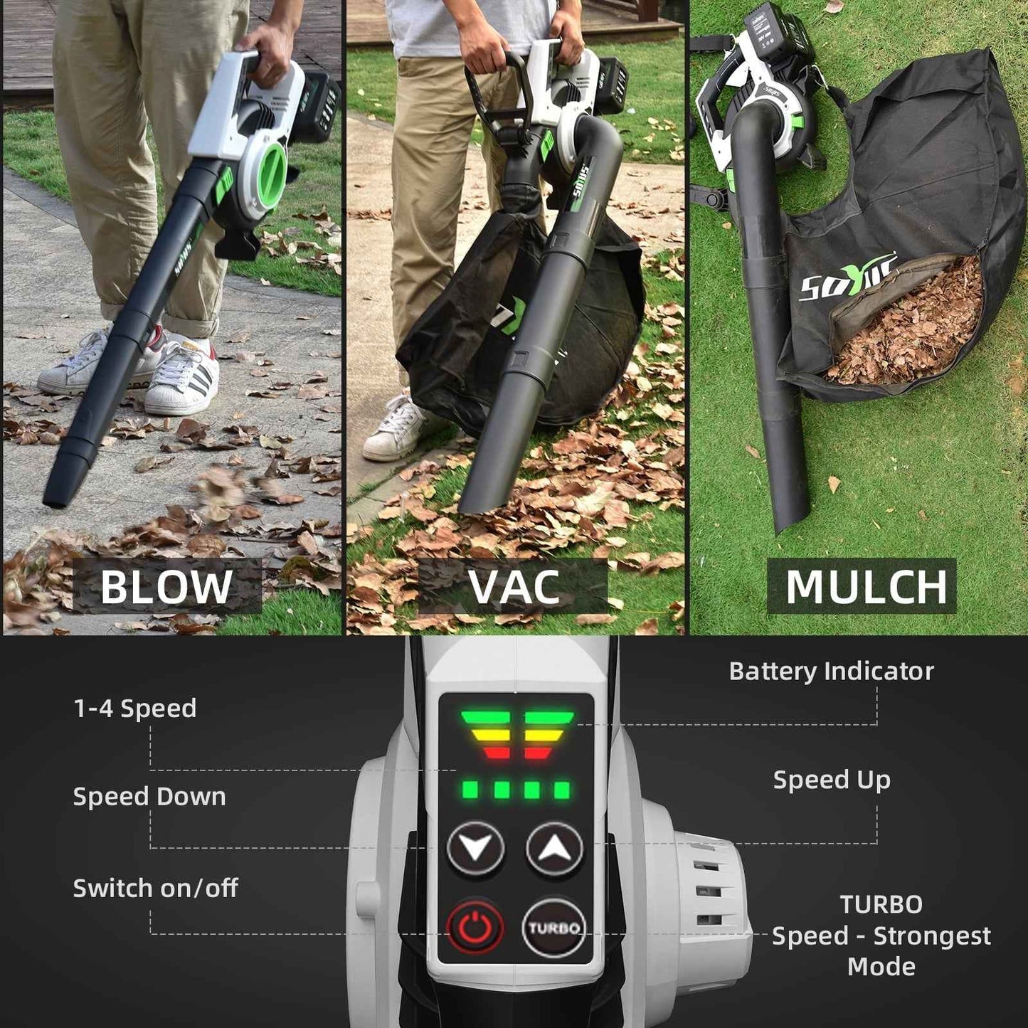 SOYUS Cordless Leaf Vacuum, Leaf Vacuum Mulcher with Bag, Leaf Blower Battery Powered with 2PCS 4.0 Batteries