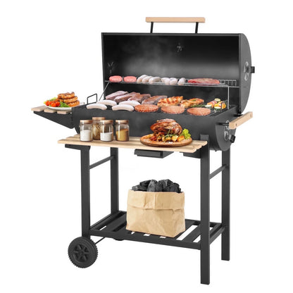 Charcoal Grill Outdoor Barrel Grill, 30 inch BBQ Grill with Warming Rack & Foldable Side Shelf, Offset Smoker Grill with Thermometer for Outdoor Cooking, Black
