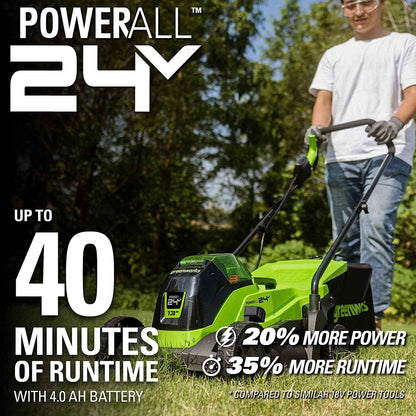 Greenworks 24V 13” Battery Powered Push Walk-Behind Mower, 4Ah USB Battery and Charger Included