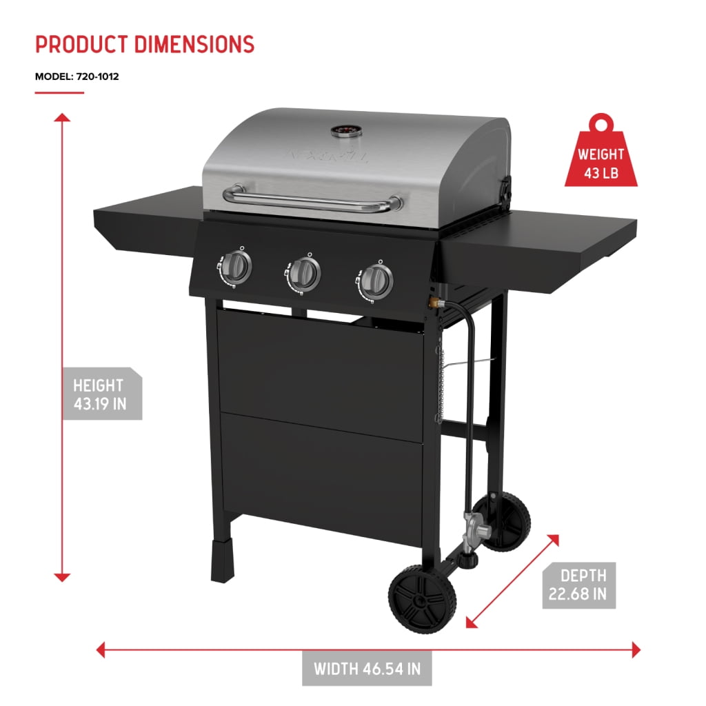 Nexgrill 3-Burner Propane Gas Grill with Side Tables, 27,000BTUs, Stainless Steel Lid, Spacious 429 SQ. In. Cooking Space, BBQ Grill for Outdoor Cooking, Patios, Parties, and More - 720-1012
