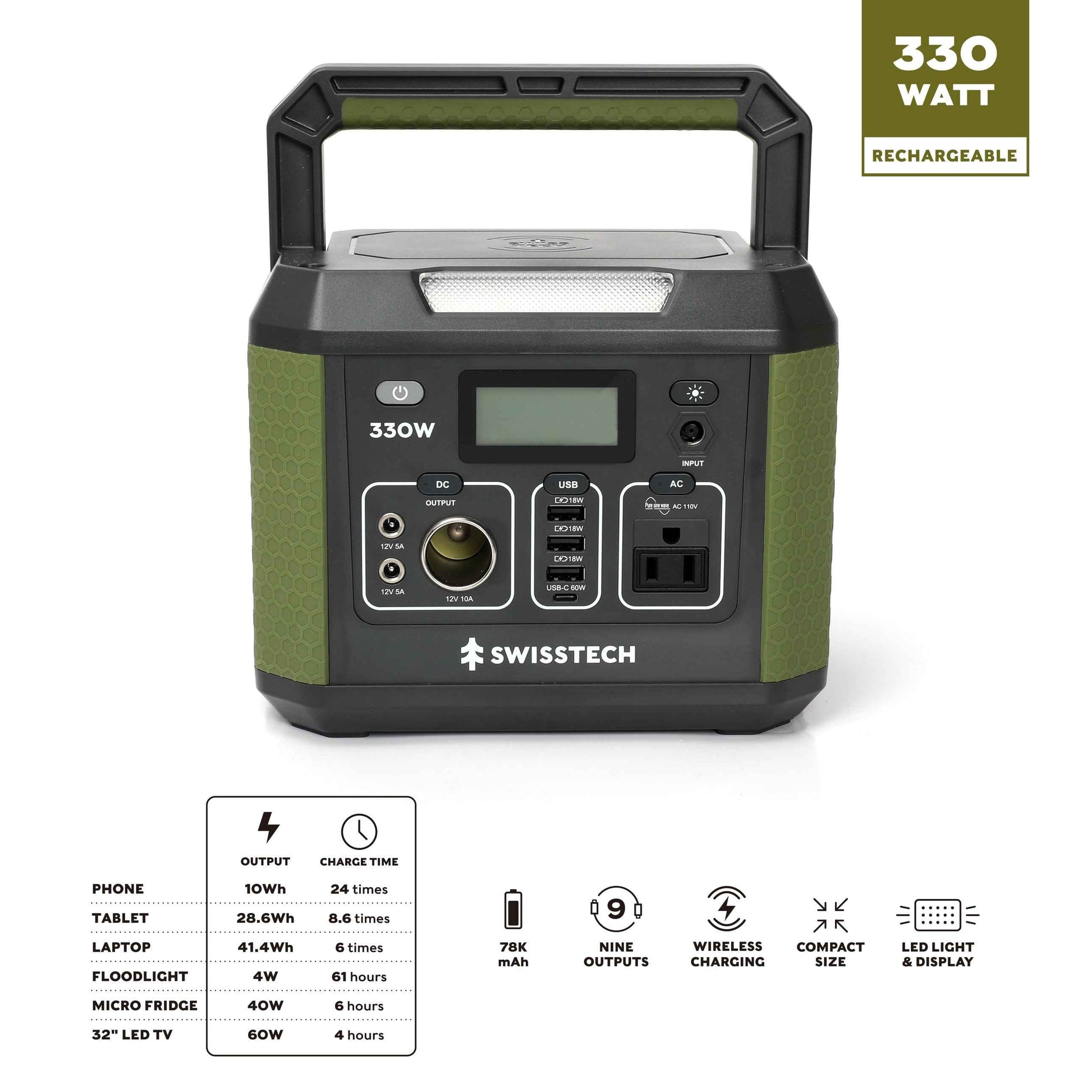 Swiss Tech 330W portable power station 288Wh solar generator for camping & emergency use