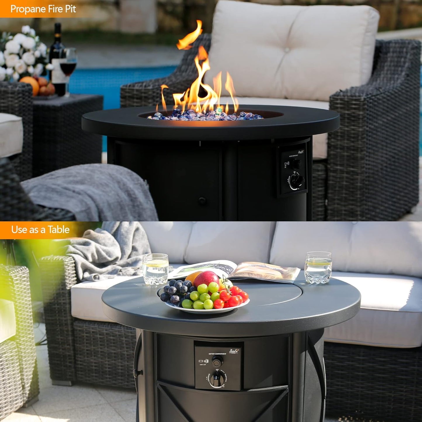 Bali Outdoors 30" Round Gas Fire Pit Table 50000 BTU Fire Column for Outside Backyard, Patio, Black