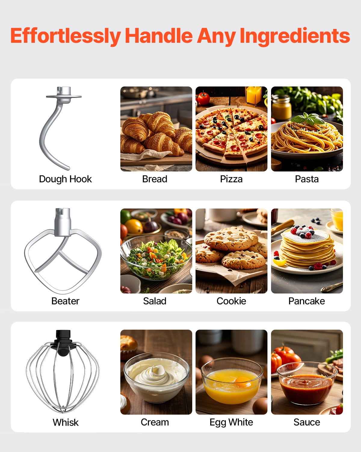 VEVOR Stand Mixer, 6 QT Dough Mixer, 660W 6 + P Speeds Tilt-head Food Mixer with Stainless Steel Bowl, Dough Hook, Wire Whip, Flat Beater, Scraper, Household Stand Mixer for Baking & Mixing, White