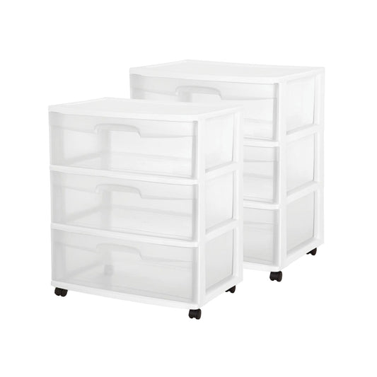 Sterilite Home 3 Drawer Wide Storage Cart Portable Container w/Casters (2 Pack)