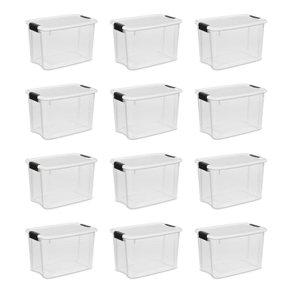 Sterilite 30 Qt Clear Plastic Stackable Storage Bin w/White Latch Lid, (12 Pack)