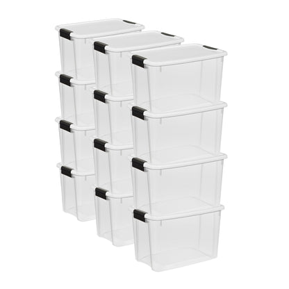 Sterilite 30 Qt Clear Plastic Stackable Storage Bin w/White Latch Lid, (12 Pack)