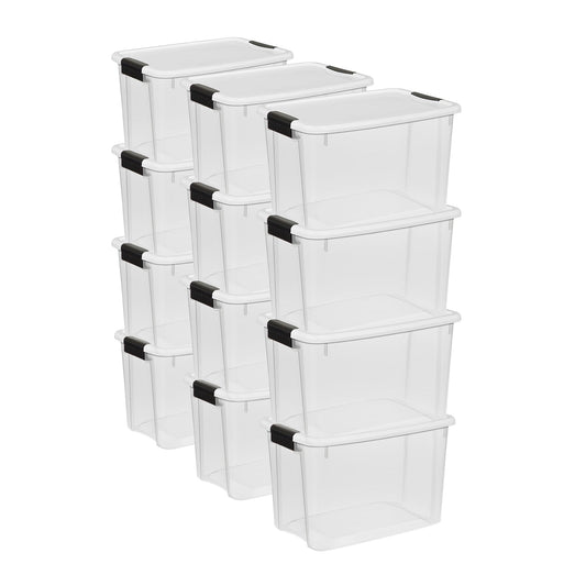 Sterilite 30 Qt Clear Plastic Stackable Storage Bin w/White Latch Lid, (12 Pack)