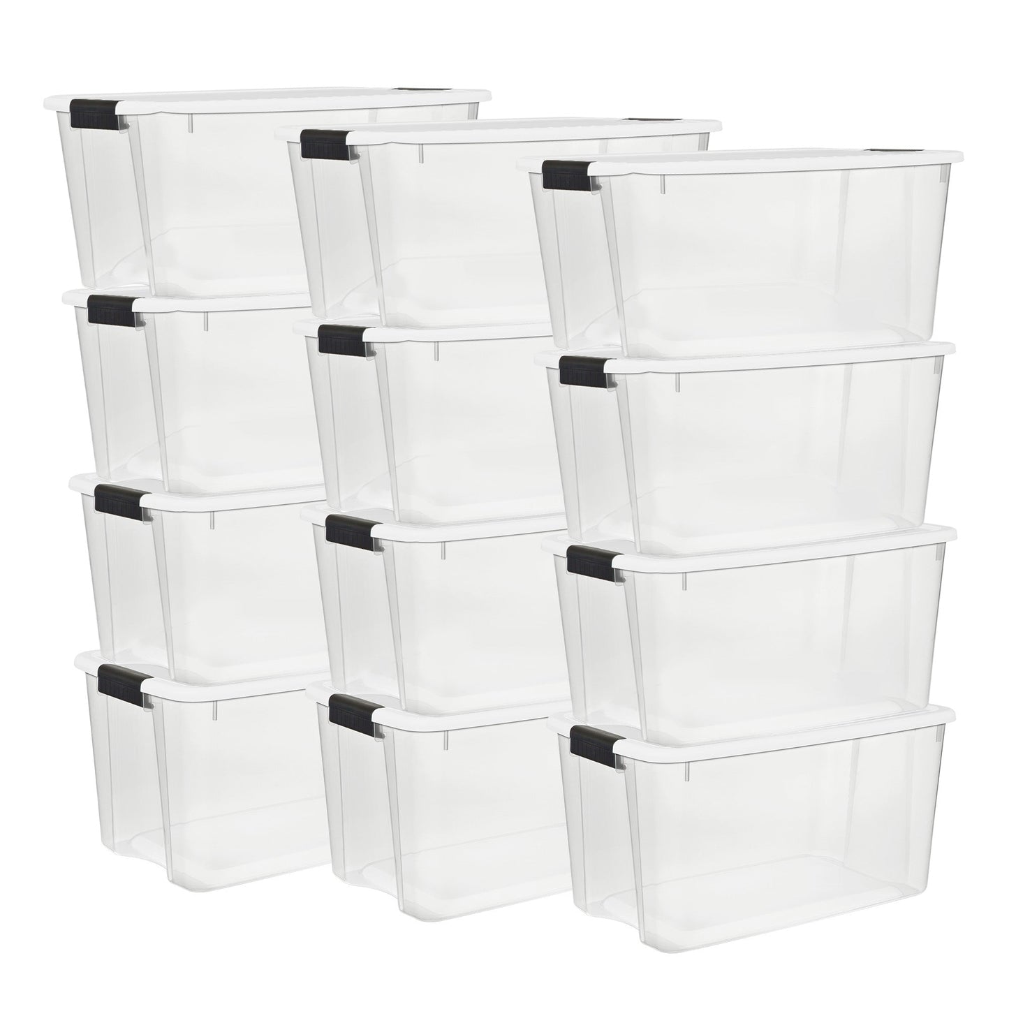 Sterilite 70 Qt Clear Plastic Stackable Storage Bin w/ White Latch Lid, 12 Pack