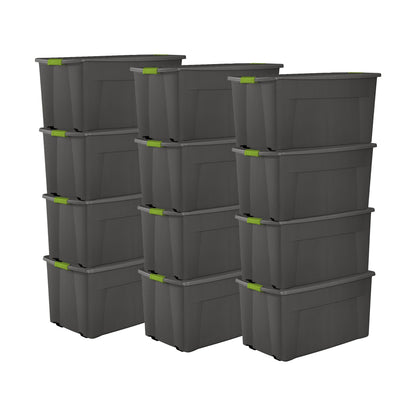 Sterilite 45 Gal Plastic Stackable Storage Tote w/ Lid & Wheels, Grey, 12 Pack